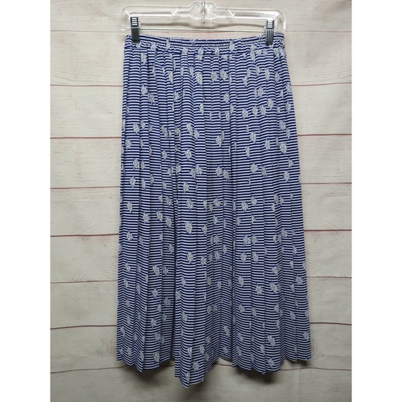 Vintage Size 9 Blue & White Striped Flower Pleated Skirt Elastic Waist Canada - Picture 3 of 4